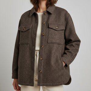 NWT Women's Tweed Brown Shacket Herringbone Pattern Side Pockets Horn Buttons L
